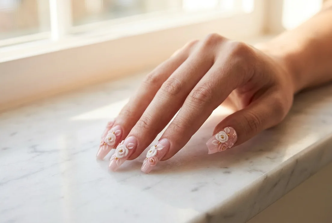 Sculpted 3D flower nail art with white and blush roses and gold pearl centers