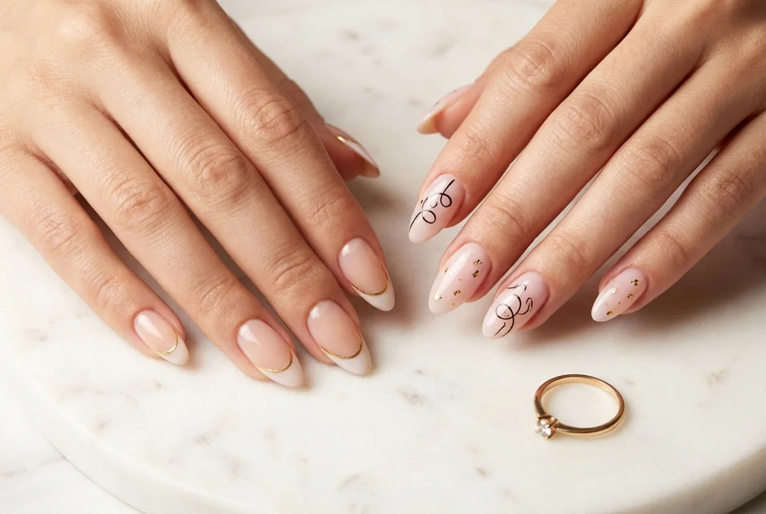 Modern french tips and hand-painted line nail art with gold foil accents