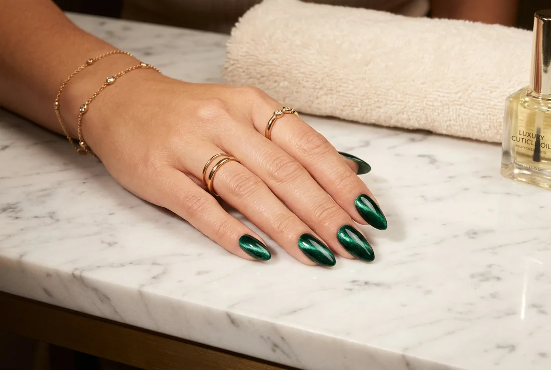 Emerald cat eye gel nails with a magnetic light stripe