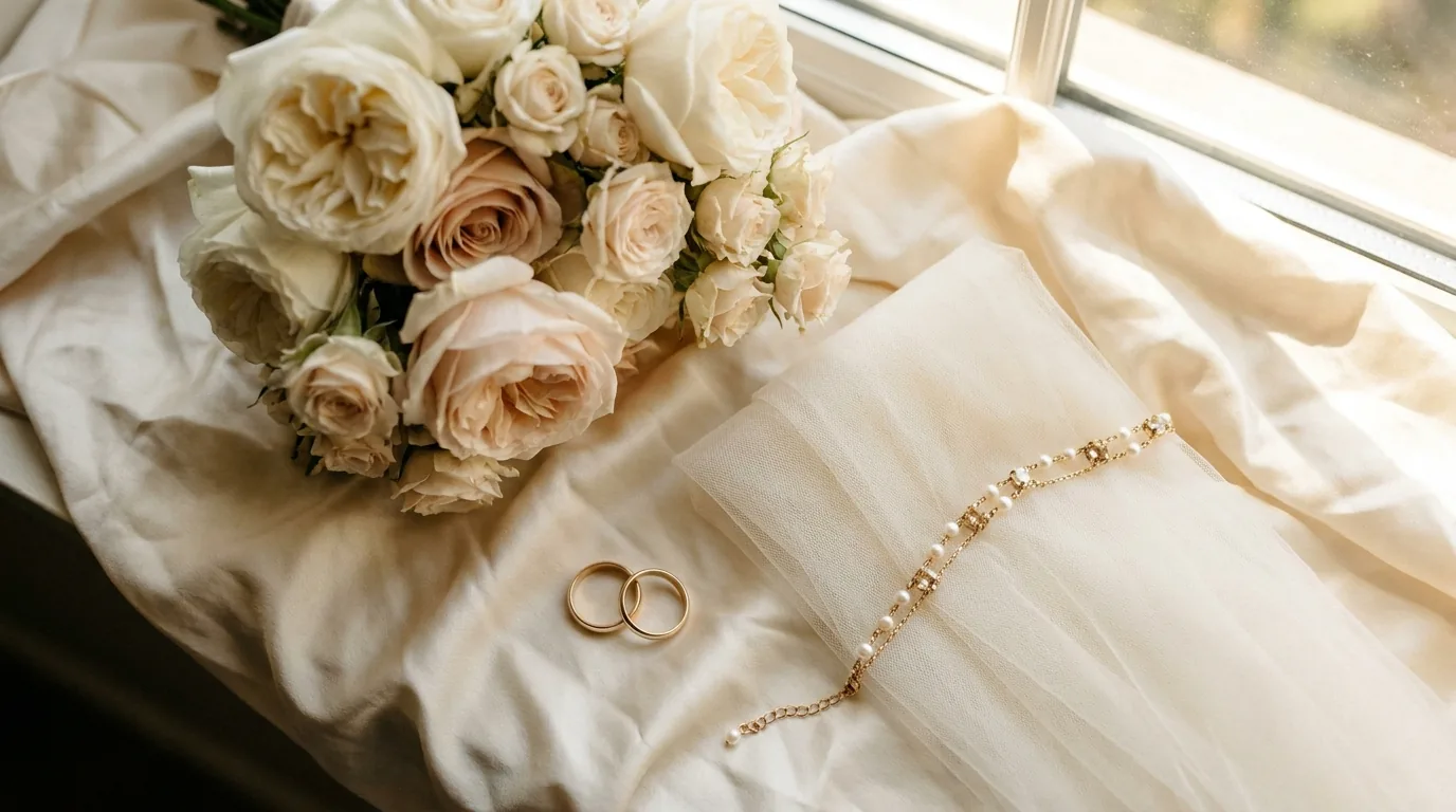 Bridal details on ivory silk with garden roses and gold rings at Aloha Beauty Lounge in South Jordan, Utah