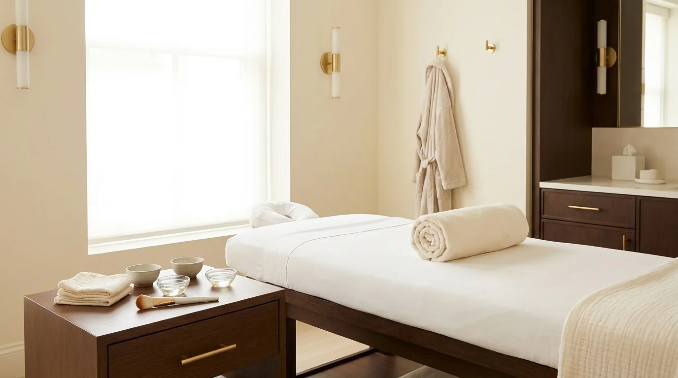 A prepared facial treatment room with ceramic bowls and folded linens at Aloha Beauty Lounge in South Jordan, Utah