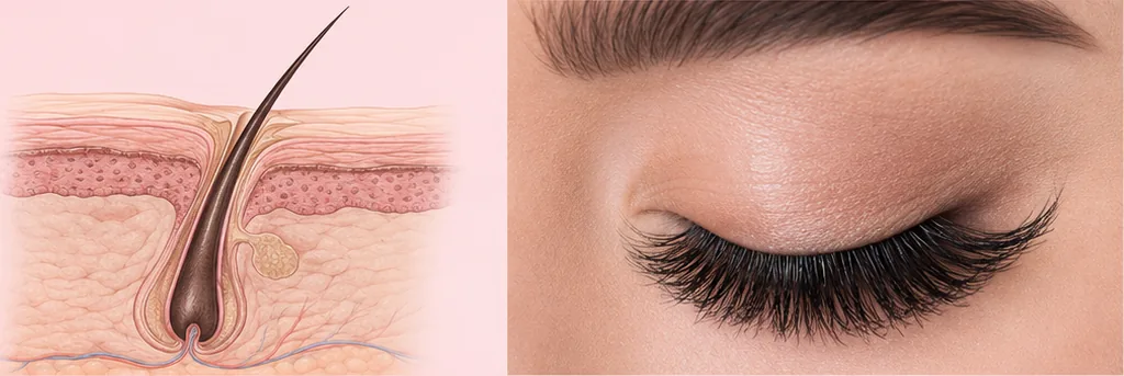 Cross-section of a lash follicle with the root sitting deep, beside a closed eye with a full, dense lash line.