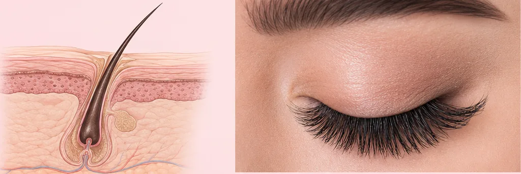 Cross-section showing the lash root drawn up shorter in the follicle, beside a closed eye whose lash line is a little less dense.