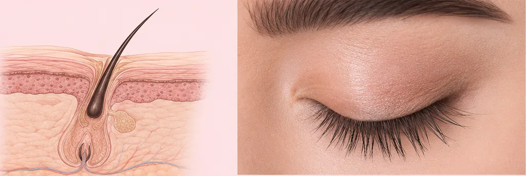 Cross-section showing the lash root detached and riding higher in the follicle, beside a closed eye with a noticeably sparser lash line.