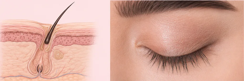 Cross-section of the old lash leaving the follicle as a new one forms below it, beside a closed eye with the sparsest lash line of the four.