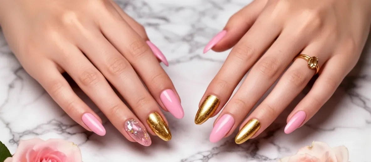 Glossy freshly finished manicure resting on a soft neutral surface