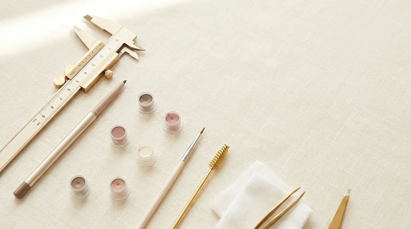 Permanent makeup and brow tools including mapping calipers and pigment caps at Aloha Beauty Lounge in South Jordan, Utah
