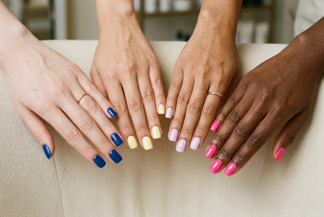 A short, softly shaped manicure in a warm neutral shade at Aloha Beauty Lounge in South Jordan, Utah