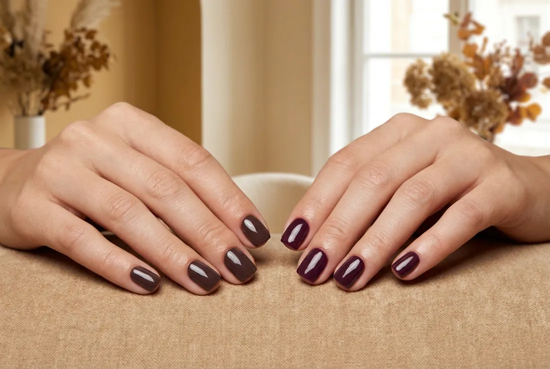 Short square nails in a deep cool-toned raisin brown gel beside a hand in dark plum, photographed against a warm neutral background