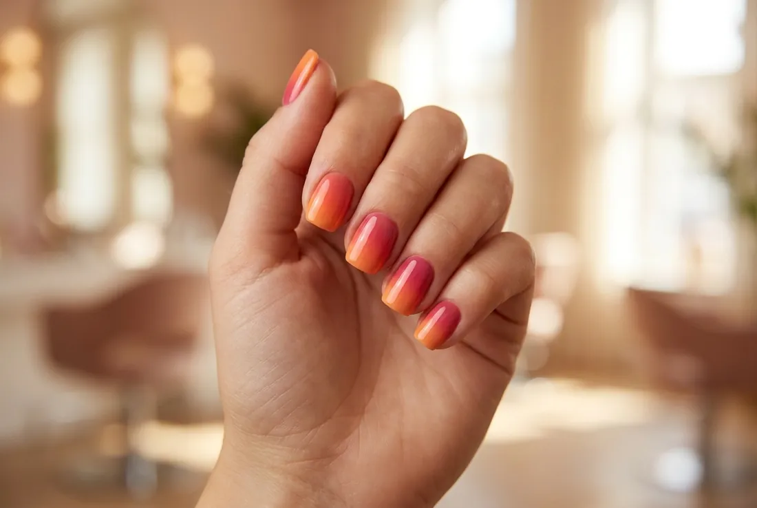 Sunset ombre nails blending warm orange into coral and deep pink across a short square set