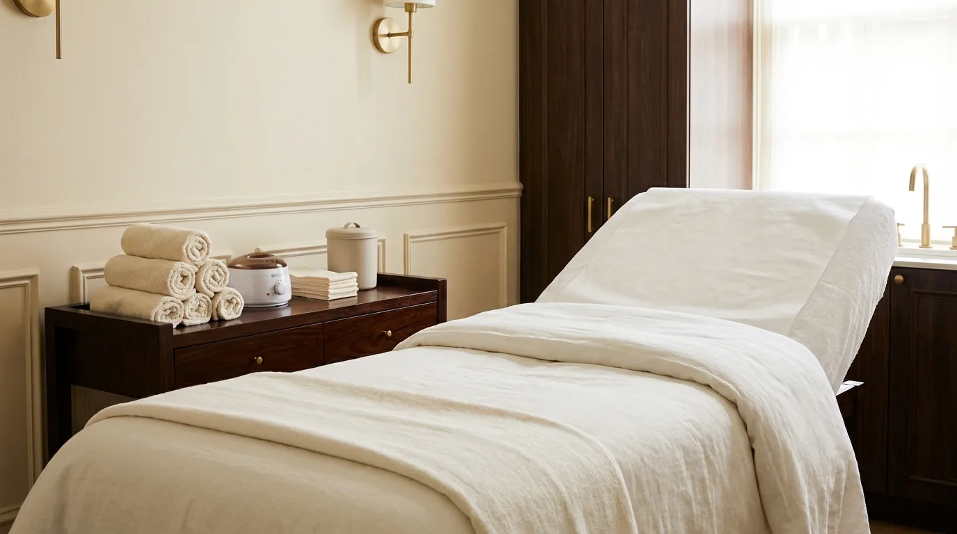 A private waxing treatment room prepared with fresh linens and rolled towels at Aloha Beauty Lounge in South Jordan, Utah