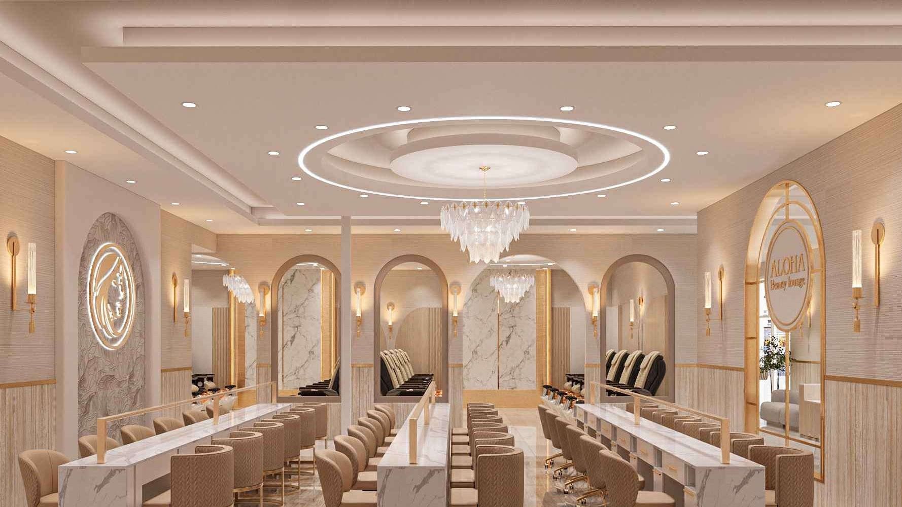 Rendering of the nail studio at Aloha Beauty Lounge with rows of manicure tables, arched mirrors and a chandelier