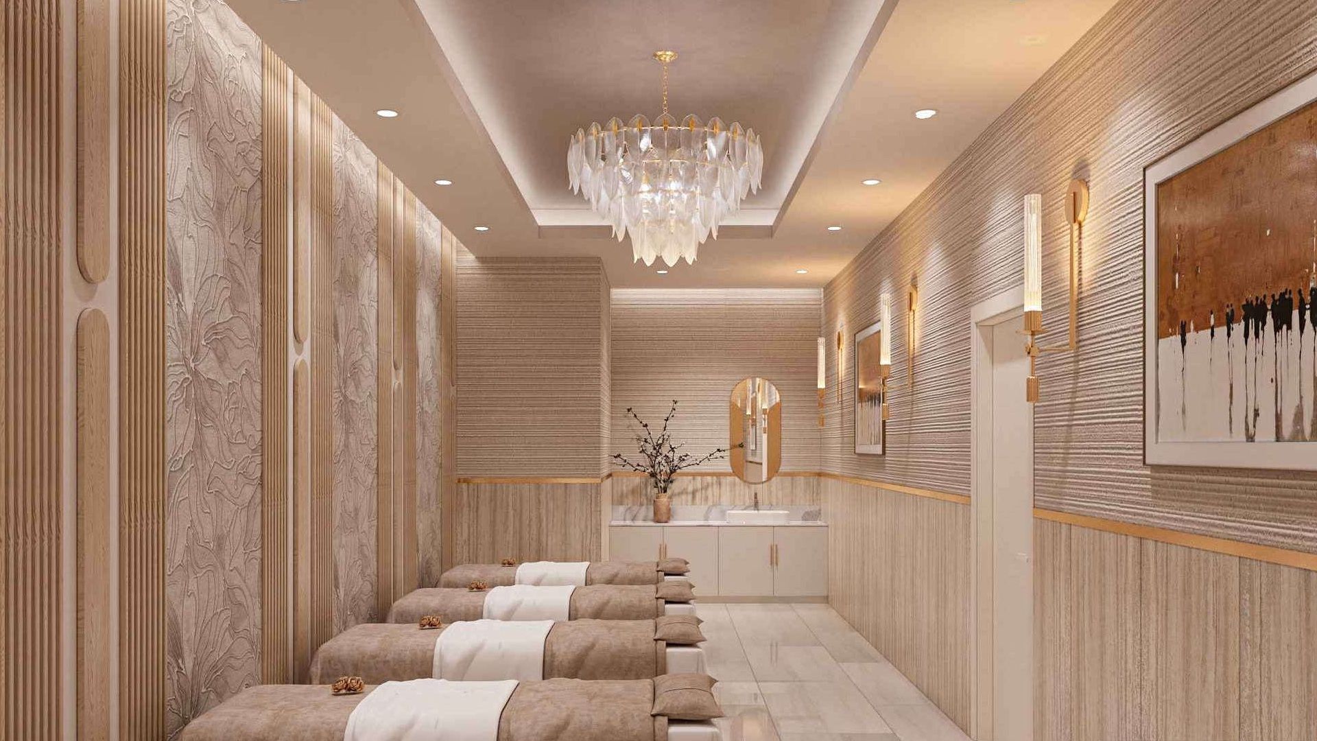 Rendering of the facial room at Aloha Beauty Lounge with four treatment beds and a chandelier